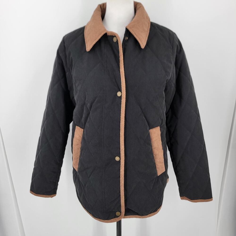 Modern Supply by Sanctuary Quilted Snap Jacket Womens S Black Brown Trim Lined